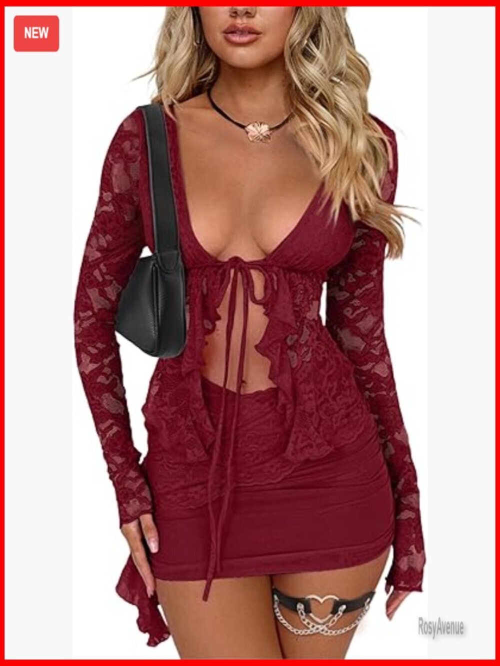 Floral Lace Crop Top and Mini Skirt Set - Long Sleeve Tie Front